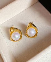 Fine Gold Stainless Steel Pearl Stud Earrings